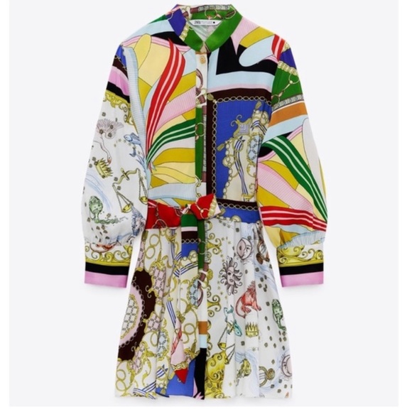 Zara Printed Mini Shirt Dress w/ Tie Belt in Multicolor Pattern - Picture 5 of 7